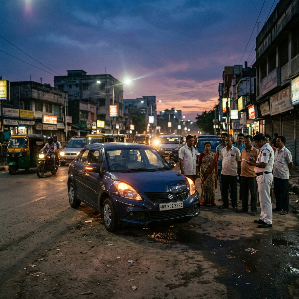Car accident on Indian city road at dusk