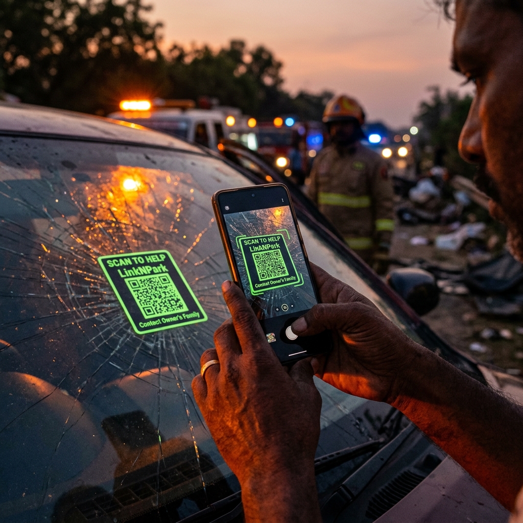 Bystander scans LinkNPark QR sticker at accident site