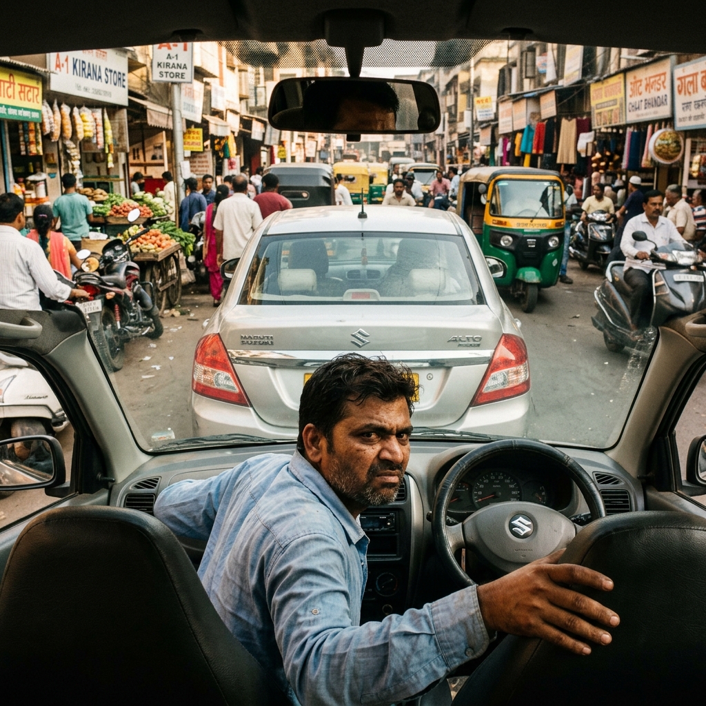 Frustrated man stuck in car on busy street